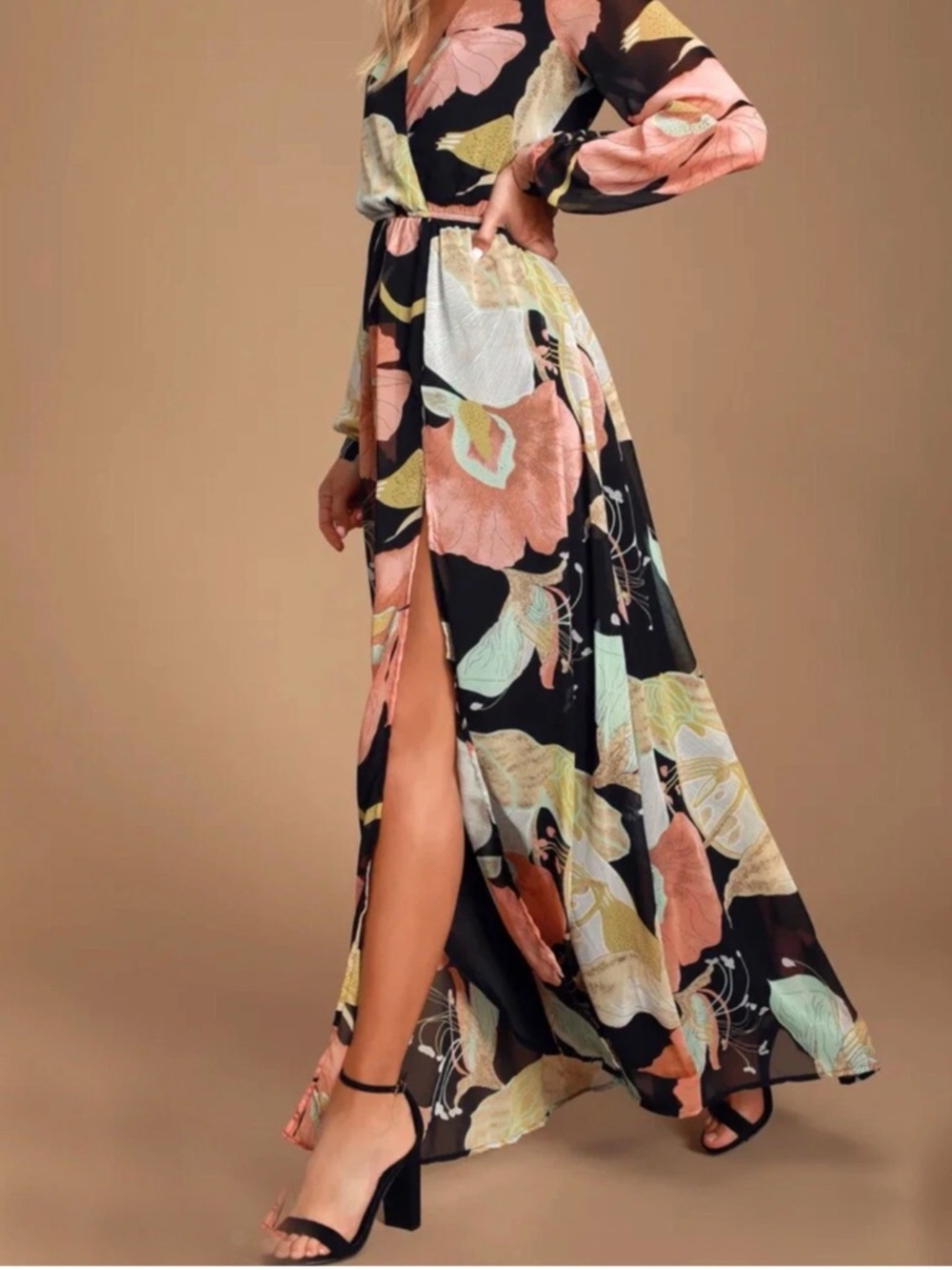 Lulus Floral Black Maxi Dress with Pink and Cream Prints NEW